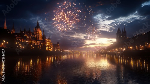Fireworks light up the night sky above a beautifully illuminated riverside cityscape with historic buildings and reflections on the water.