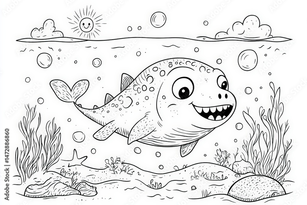 Obraz premium Black and white line art of a smiling baby sea dinosaur swimming underwater surrounded by seaweed, coral, bubbles, and rocks. Fun and educational coloring page for kids.