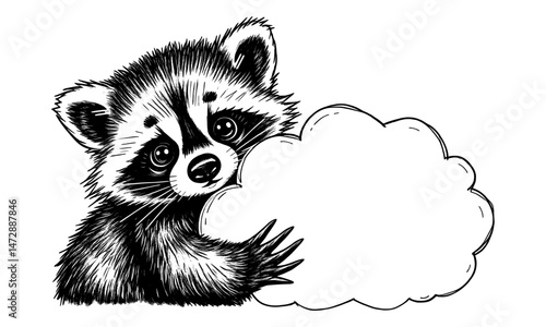 Cute baby racoon hugging a fluffy cloud in charming vector graphic illustration, sketch style