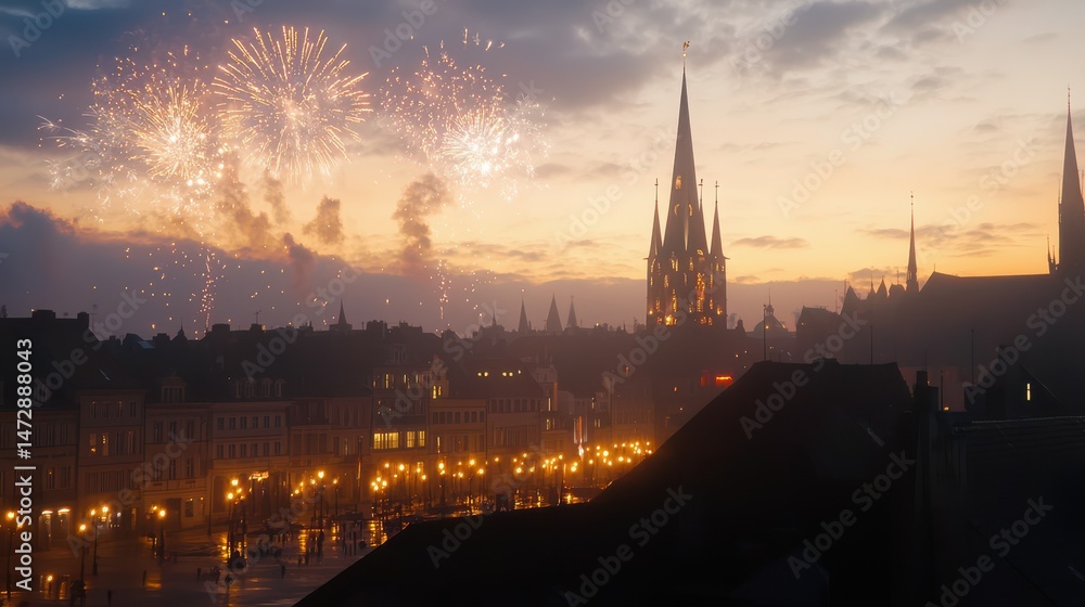 Naklejka premium Fireworks light up the evening sky above a historic cityscape with illuminated streets and a prominent cathedral.