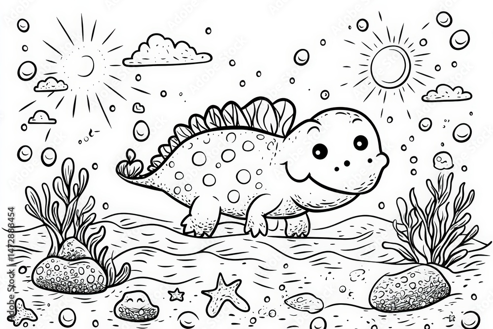 Fototapeta premium Black and white line art of a smiling baby sea dinosaur swimming underwater surrounded by seaweed, coral, bubbles, and rocks. Fun and educational coloring page for kids.