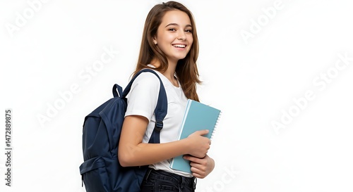 Smiling student with backpack and notebook. Ready for school, bright future ahead. Portrait against a white backdrop, cheerful expression.