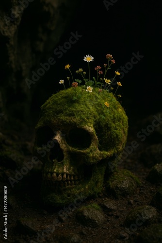 A moss-covered skull blooms with wildflowers in a cave, symbolizing the quiet balance between death and new life.