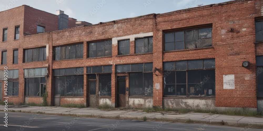 Run-down industrial exterior; chipped paint, corroded steel, urban backdrop, weathered brick, worn, stock photo, surface Run-down industrial exterior; chipped paint, corroded steel, urban backdrop, weathered brick, worn, stock photo, surface