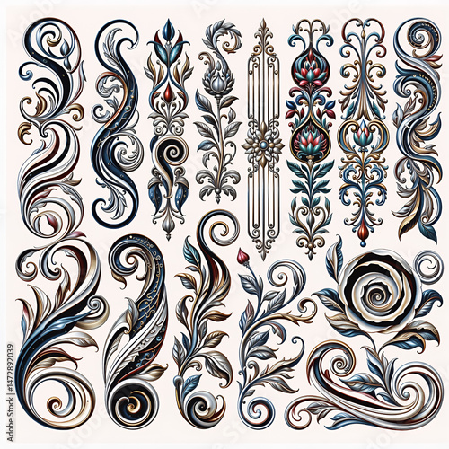 Set of vintage floral decorative elements. Ornate swirls and scrolls. Collection of ornamental elements for design