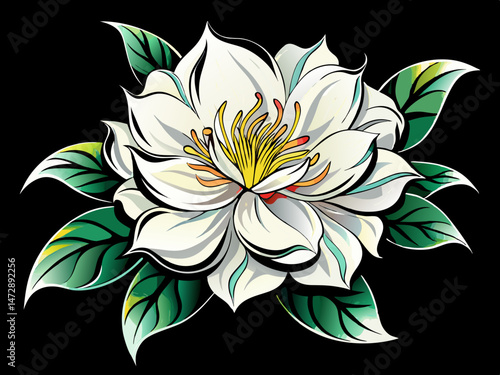 vector of A white flower on a black background, creating a striking contrast that highlights the delicate details and purity of the flower.