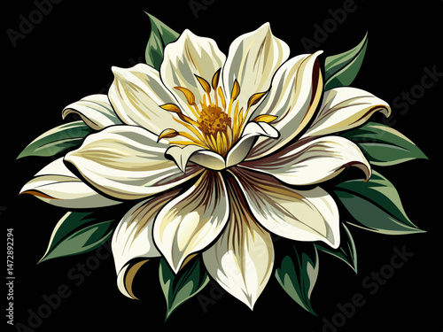 vector of A white flower on a black background, creating a striking contrast that highlights the delicate details and purity of the flower.