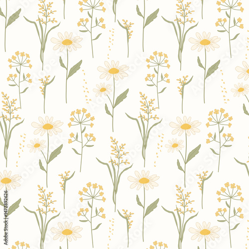 Seamless floral pattern with dainty chamomile and yellow wildflowers. Soft eco-friendly look for textile, packaging, paper goods, stationery, and backgrounds.