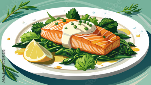 Poached salmon fillet rested on a bed of sautéed spinach, smothered in a light and zesty white wine sauce, and finished with a dollop of crème fraîche , Very beautiful