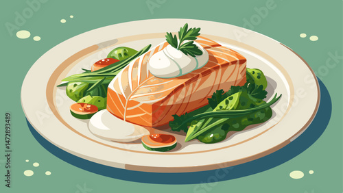 Poached salmon fillet rested on a bed of sautéed spinach, smothered in a light and zesty white wine sauce, and finished with a dollop of crème fraîche , Very beautiful