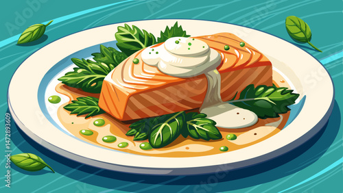 Poached salmon fillet rested on a bed of sautéed spinach, smothered in a light and zesty white wine sauce, and finished with a dollop of crème fraîche , Very beautiful