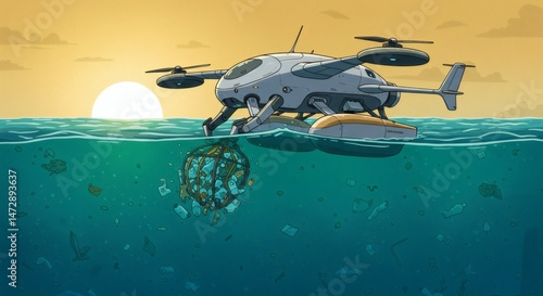 Ocean cleaning drone collecting plastic waste illustration for environmental awareness campaign