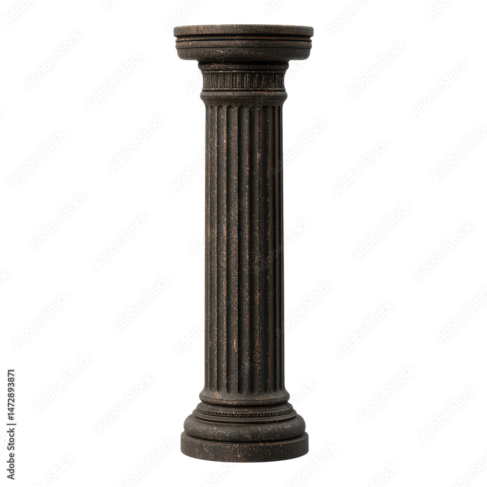 A fluted classical column with a round base and capital, featuring a dark, stone-like texture. A fluted classical column with a round base and capital, featuring a dark, stone-like texture.