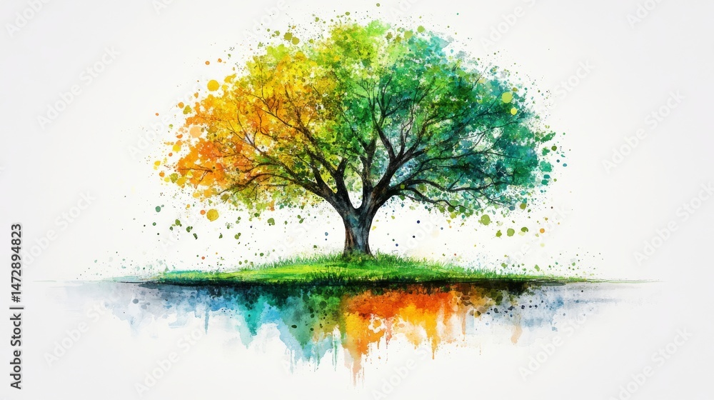 Obraz premium The Four Seasons Of Nature Expressed In A Watercolor Tree’ becomes ‘Watercolor Illustration Of A Tree Symbolizing The Seasons