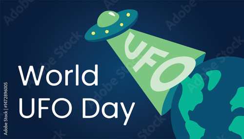 World UFO Day, flying Saucer flies away from Earth. Alien transport takes letters from planet. Flat design. Holiday Card. Spaceship steals in space. Abduction, kidnapping. Color vector illustration