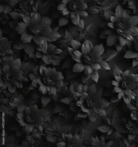 Abstract charcoal floral wallpaper; dark, seamless botanical design,  pattern,  moody,  dark