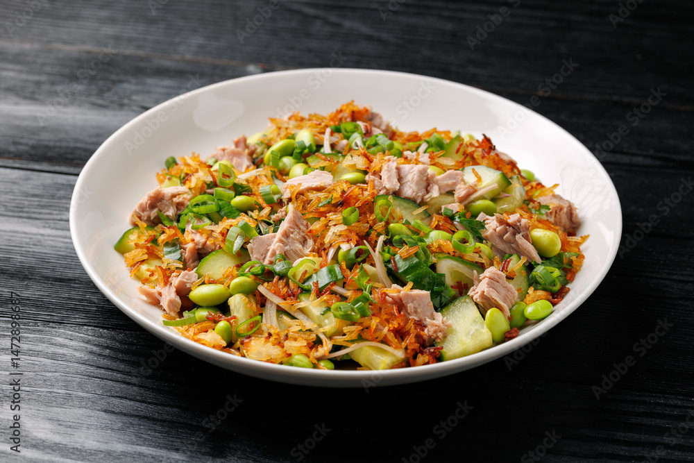 Crispy Rice Tuna Salad with edamame beans, cucumber, onion Crispy Rice Tuna Salad with edamame beans, cucumber, onion