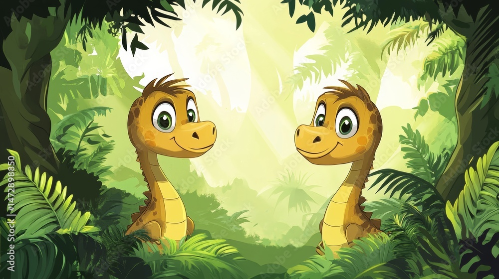 Naklejka premium Adorable cartoon dinosaurs surround a blank frame for text