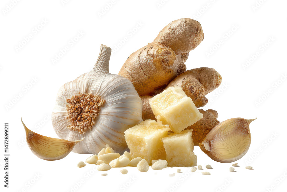 Fototapeta premium PNG Fresh garlic and ginger with cheese cubes on black background