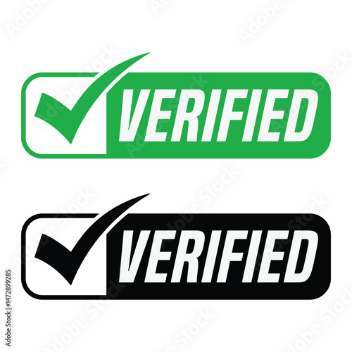 Modern VERIFIED badges: light green and black rectangles with bold white sans-serif text and simplified check marks. Symmetrical flat design on white background. Clean digital graphic assets conveying