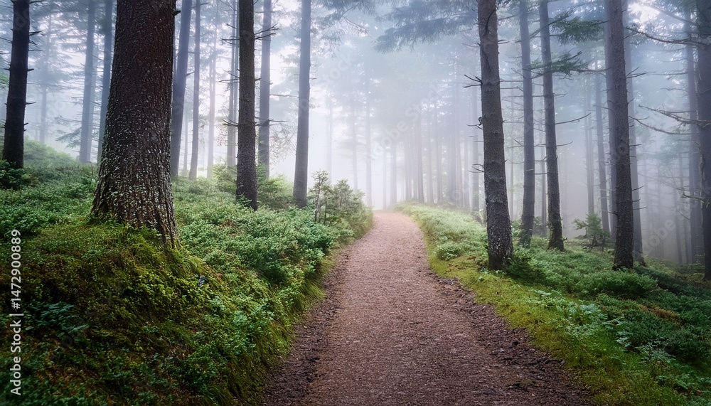 Fototapeta premium misty forest path nature background serene landscape hiking trail