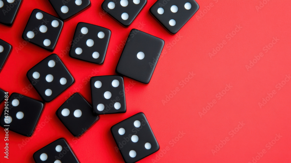 Black Domino Tiles on Red Background: Flat Lay with Space for Text
Black Domino Tiles on Red Background: Flat Lay with Space for Text