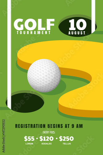 Golf tournament, poster, ticket, banner design. Vector 3d isometric flat illustration. Green golf course, ball, hole