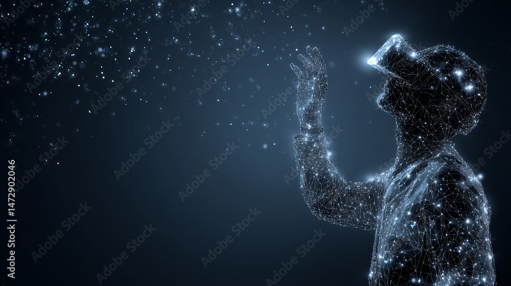 Fototapeta premium Wireframe man in VR goggles with startup background Starry abstract tech mesh Future virtual technology concept illustration