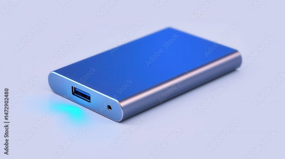 Sleek blue portable hard drive with silver trim on a plain surface, showcasing modern design. Sleek blue portable hard drive with silver trim on a plain surface, showcasing modern design.