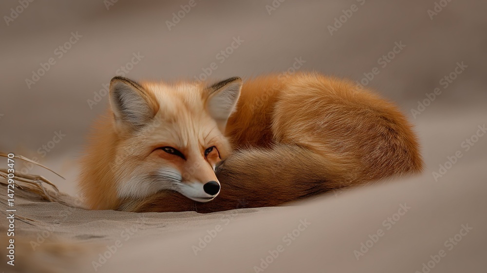 Fototapeta premium A close-up of a fox lying on a bed, with its head resting on its back