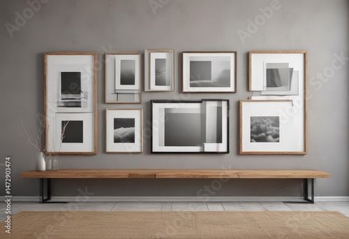 Empty frames on minimalist gallery wall, modern home interior,  empty frames,  empty