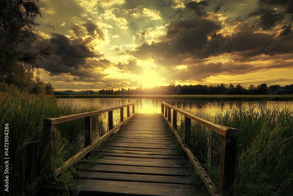 Fototapeta premium Wooden dock leading to tranquil sunset over lake