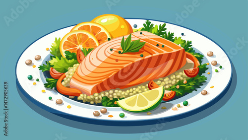 Fresh caught salmon fillet served atop a bed of fluffy quinoa and surrounded by a medley of steamed vegetables, garnished with a sprinkle of fresh parsley and a squeeze of  , Very beautiful