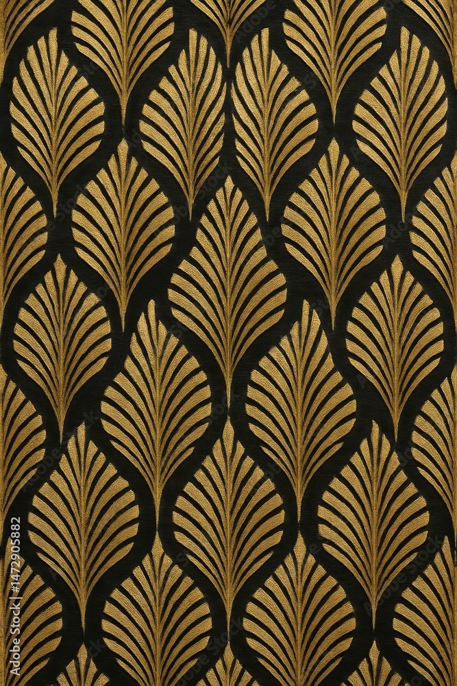 Elegant gold art deco feather pattern on dark background, ideal for luxury design, wallpaper, or textile projects.
Elegant gold art deco feather pattern on dark background, ideal for luxury design, wallpaper, or textile projects.