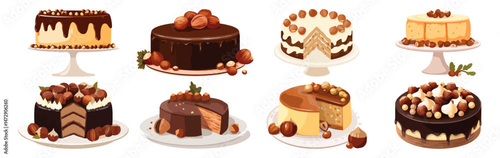 Set of Whole hazelnut cake Flat Vector Illustration on Transparent Background Set of Whole hazelnut cake Flat Vector Illustration on Transparent Background