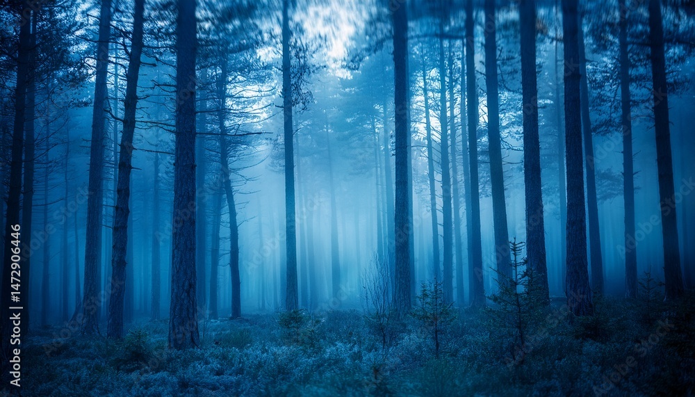 Fototapeta premium unfocused blue twilight forest scary horror trees scenic environment