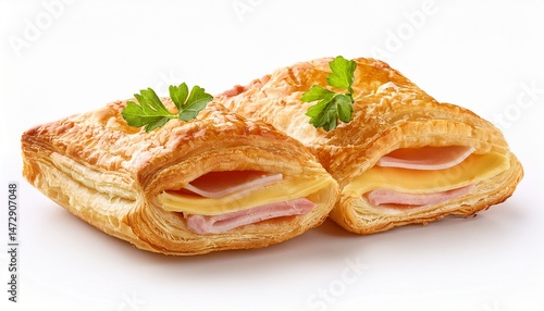 tasty puff pastry with cheese and ham isolated on a white background
