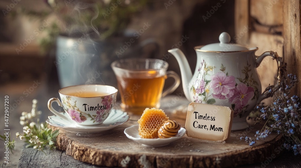 An elegant herbal tea setup featuring porcelain teacups adorned with floral designs An elegant herbal tea setup featuring porcelain teacups adorned with floral designs