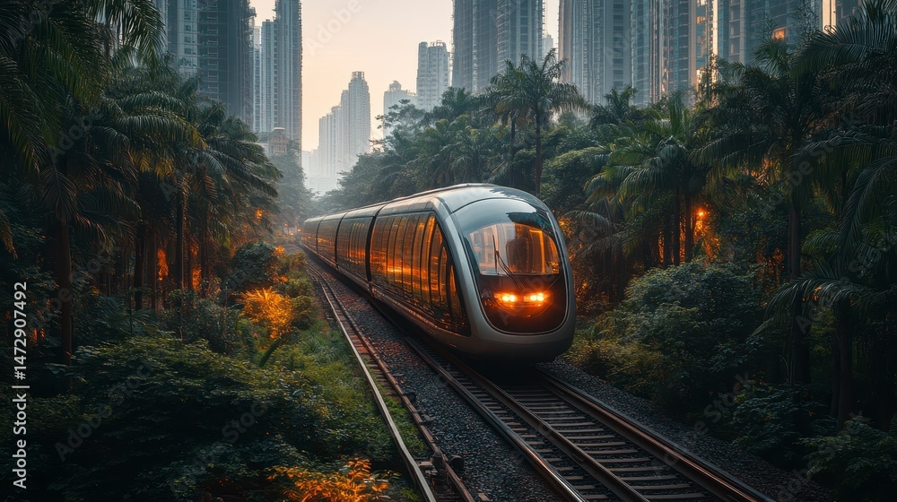 Naklejka premium Modern train traversing lush foliage against a backdrop of urban buildings