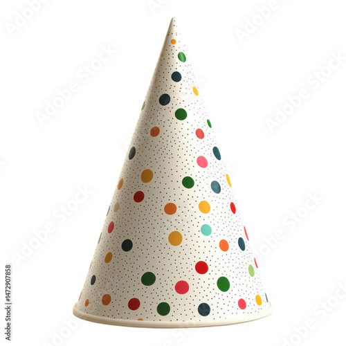 A cone-shaped party hat decorated with colorful polka dots.