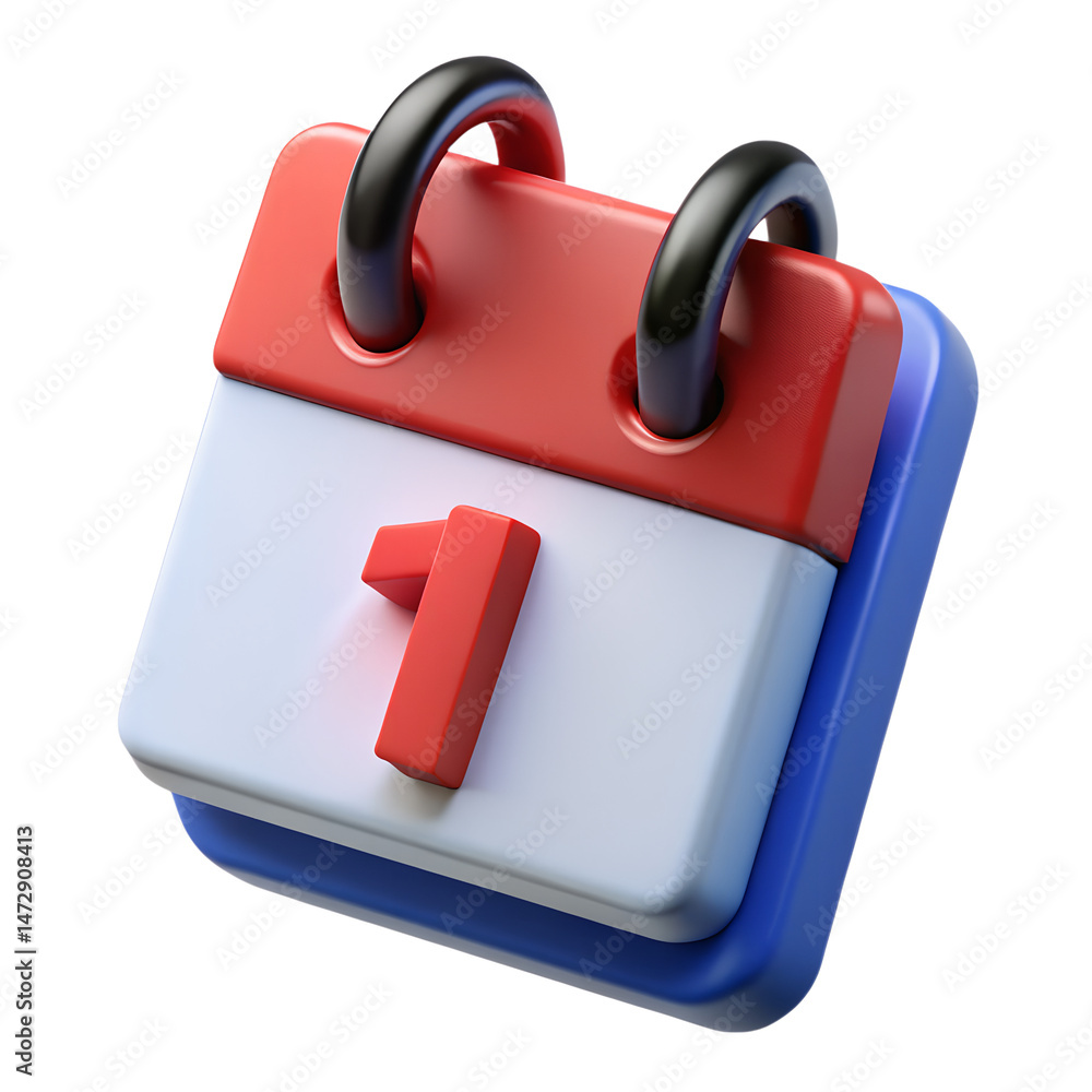 Red Blue 3D Calendar Icon Day 1 Glossy Design on transparent background