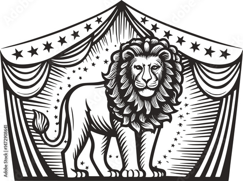 A black and white illustration of a majestic lion standing within a circus tent adorned with stripes and stars.