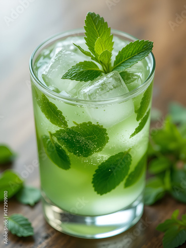 A refreshing minty beverage with ice cubes and a sprig of fresh mint on top.