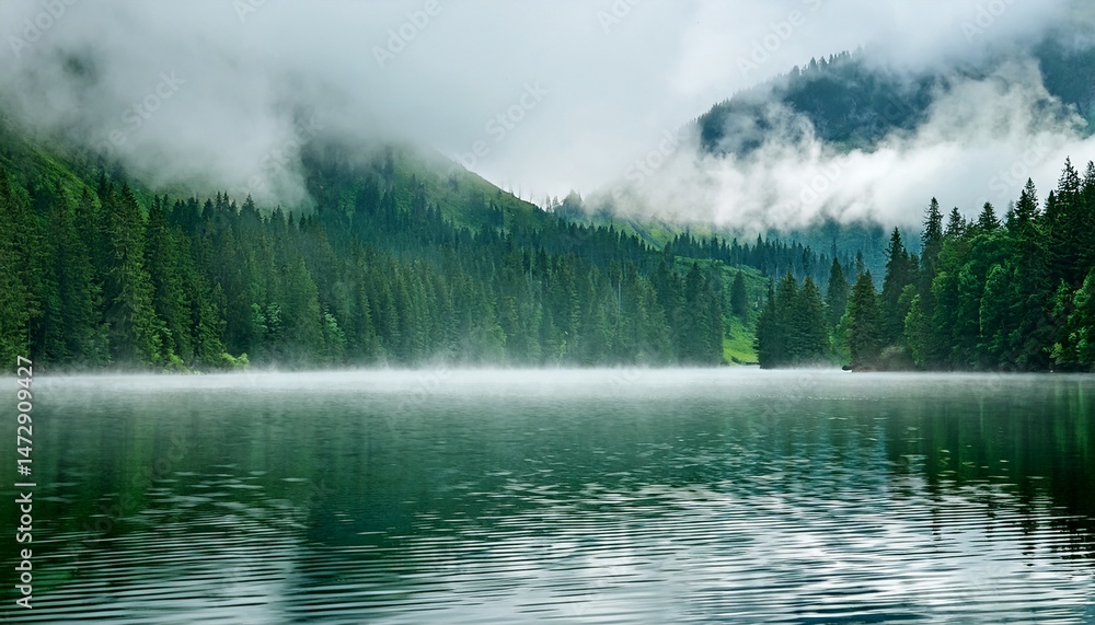 misty lake as fog rolls against a green mountain background misty lake as fog rolls against a green mountain background