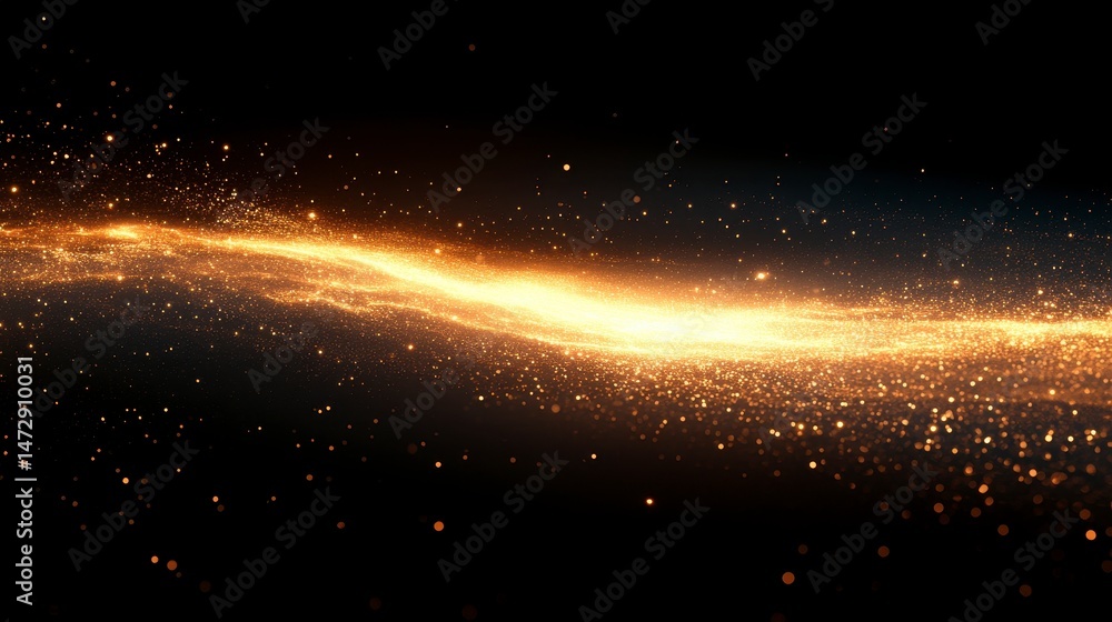 Fototapeta premium Gold particle stream flowing across a dark void, light scattering around its center
