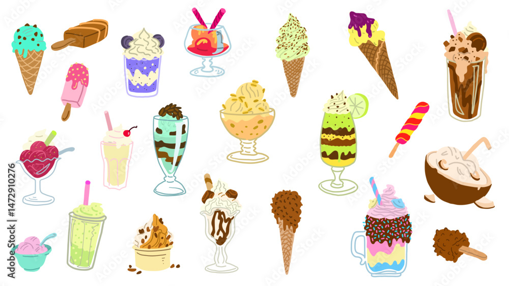 Collection de 22 glaces et coupes glacées en couleurs