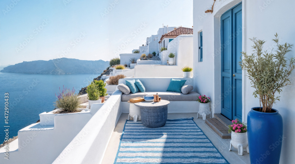 Obraz premium Traditional Greek Island Balcony with Blue and White Architecture