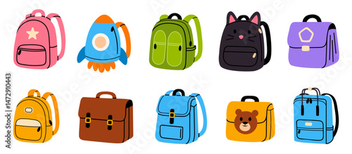 Set of ten colorful kids backpacks in flat style including animal faces, rocket, school bags, and playful designs on white background