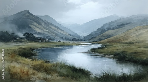 Fototapeta Naklejka Na Ścianę i Meble -    A painting of a majestic mountain range with a serene lake in the foreground and a cozy home nestled on the opposite side of the mountains