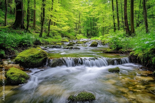Picturesque forest stream. Lush greenery